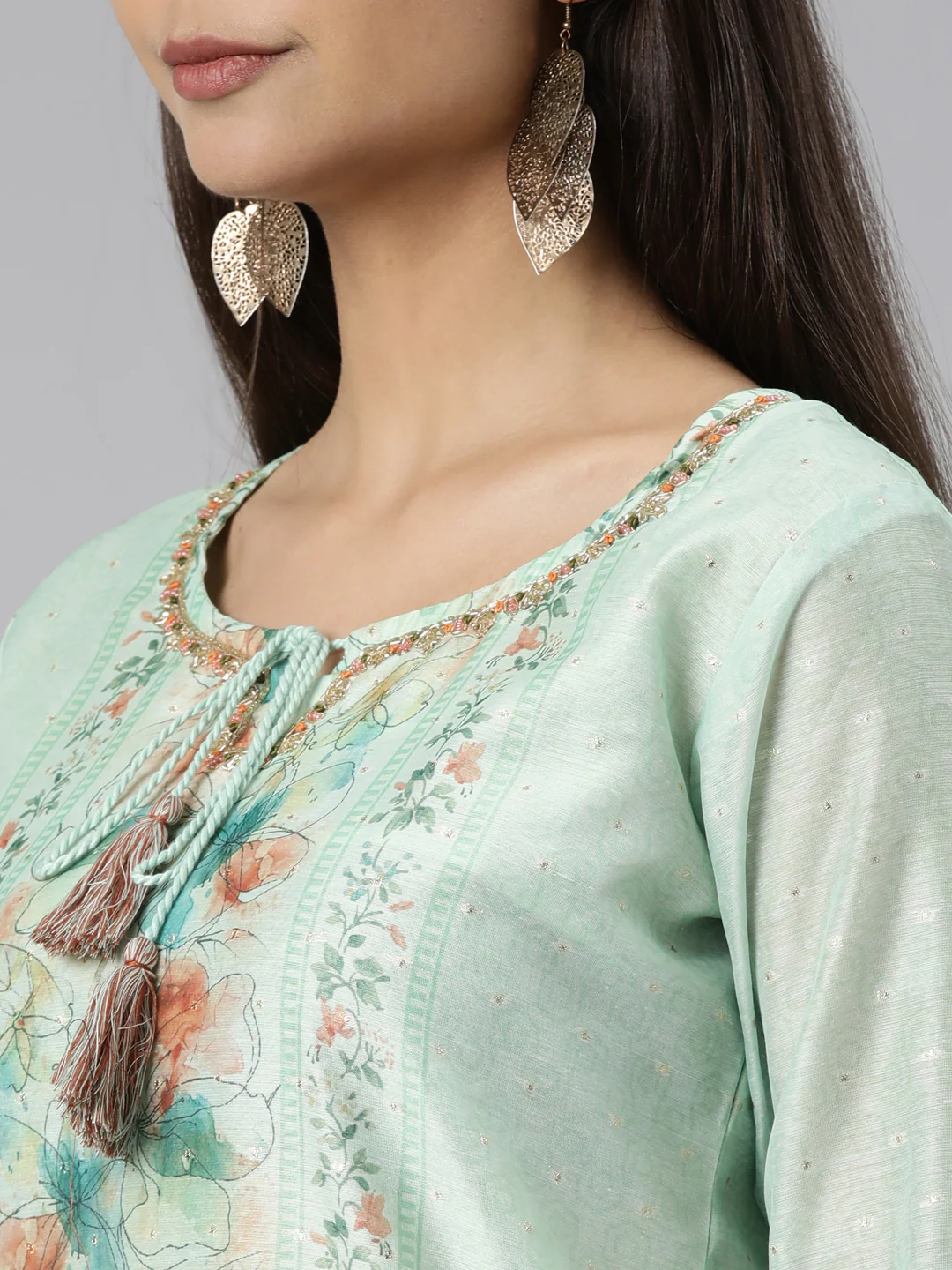 Neerus Sea Green Regular Straight Floral Kurta And Trousers With Dupatta - Image 4
