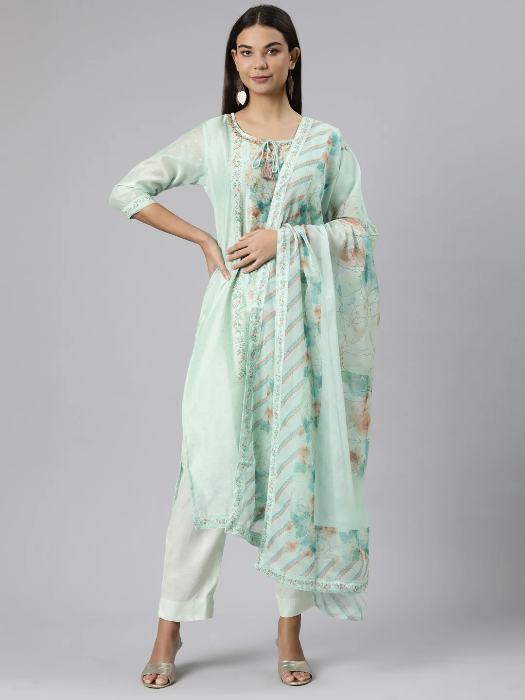 Neerus Sea Green Regular Straight Floral Kurta And Trousers With Dupatta - Image 5