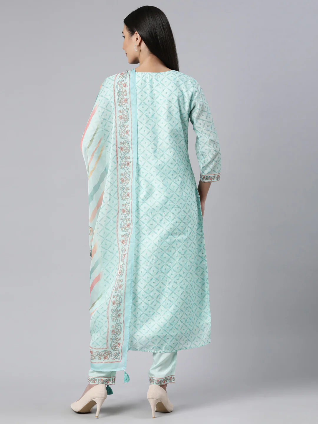 Neerus Sea Green Regular Straight Floral Kurta And Trousers With Dupatta - Image 3