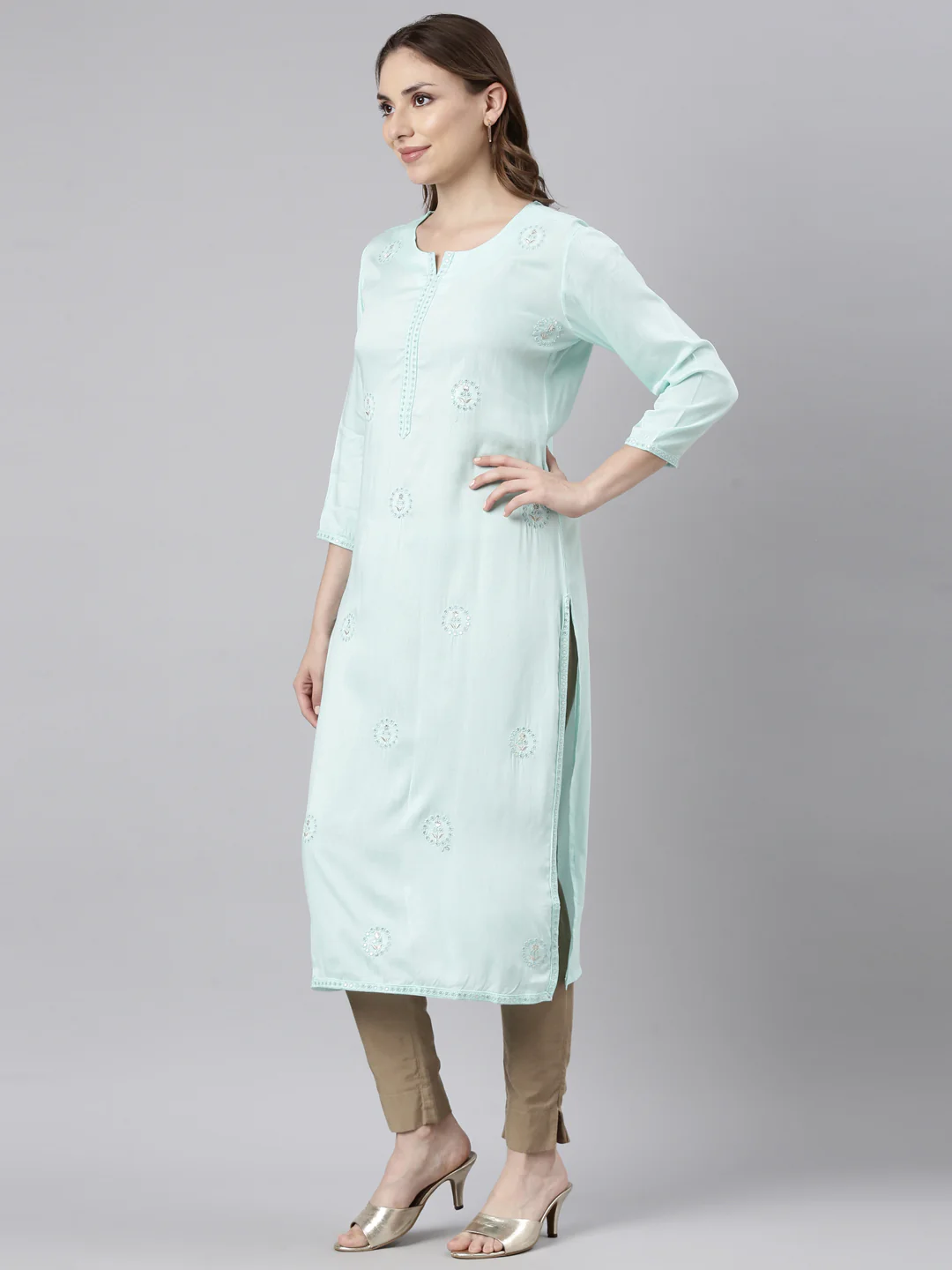 Neerus Sea Green Regular Straight Floral Kurta - Image 2