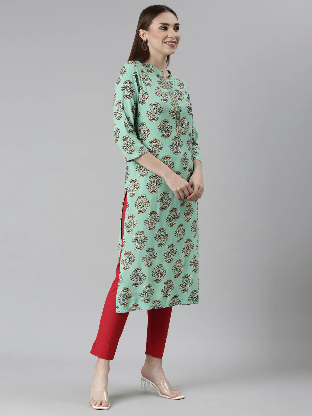 Neerus Sea Green Regular Straight Floral Kurta - Image 2