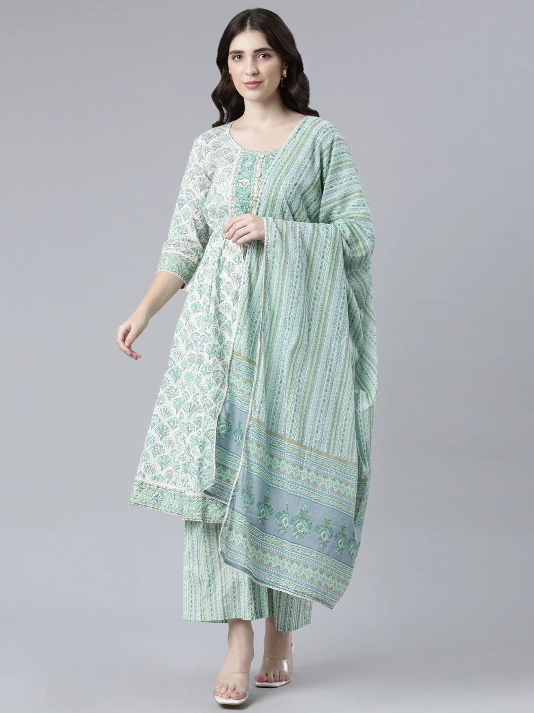 Neerus Sea Green Regular Straight Printed Kurta And Palazzos With Dupatta