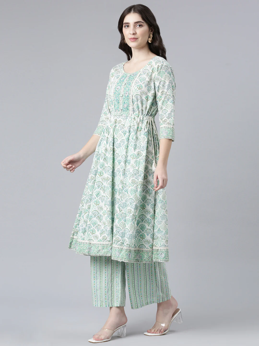 Neerus Sea Green Regular Straight Printed Kurta And Palazzos With Dupatta - Image 2