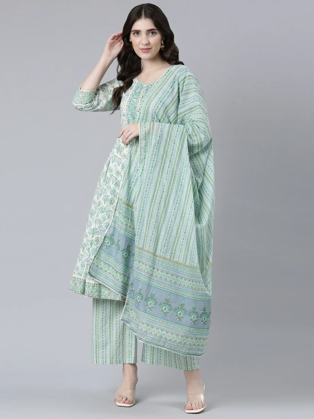 Neerus Sea Green Regular Straight Printed Kurta And Palazzos With Dupatta - Image 5