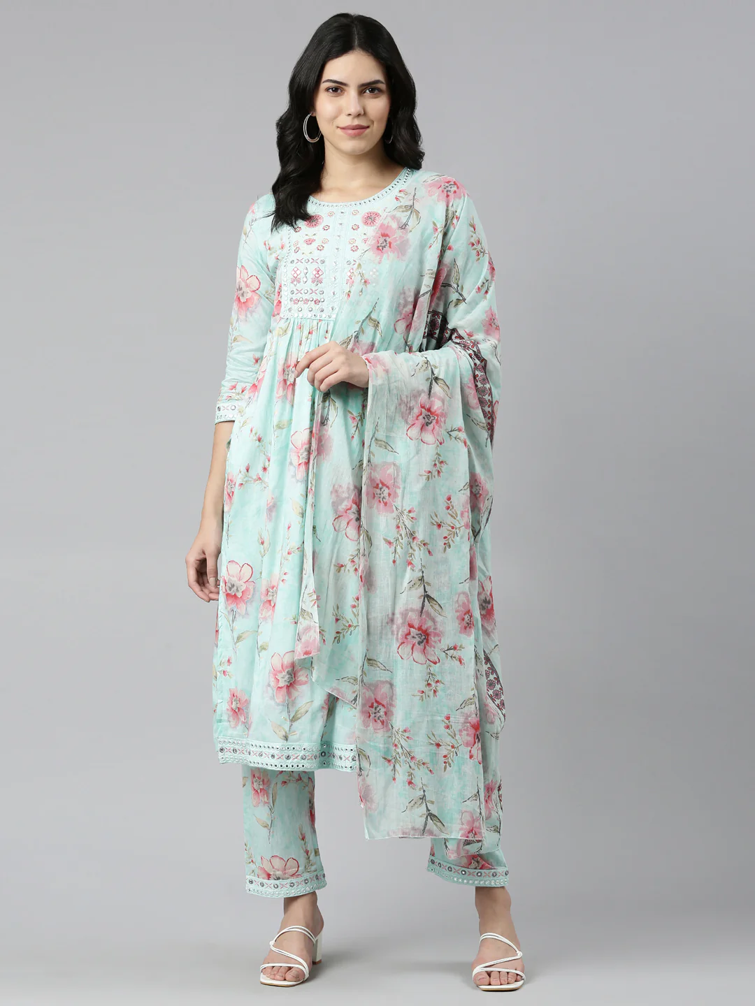 Neerus Sea Green Regular Straight Printed Kurta And Trousers With Dupatta - Image 5