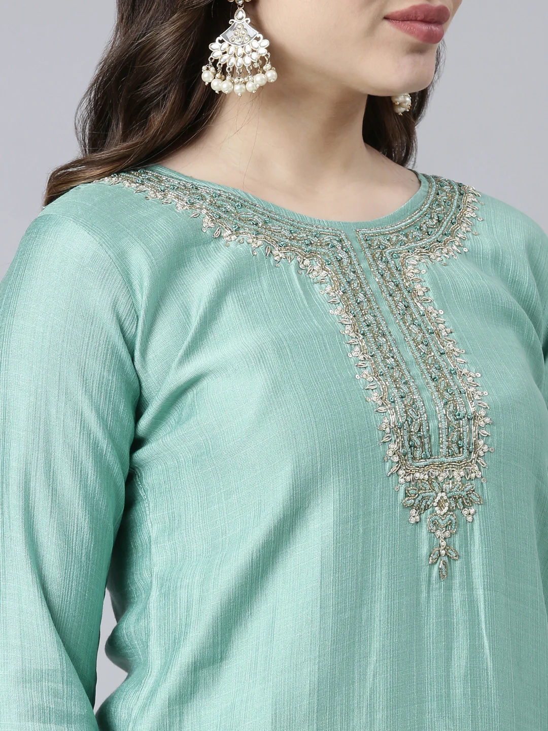 Neerus Sea Green Regular Straight Solid Kurta And Trousers With Dupatta - Image 4