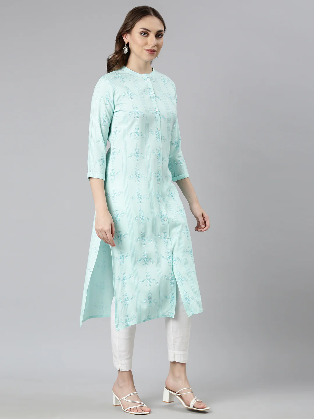 Neerus Sea Green Regular Straight Woven Design Kurta - Image 2