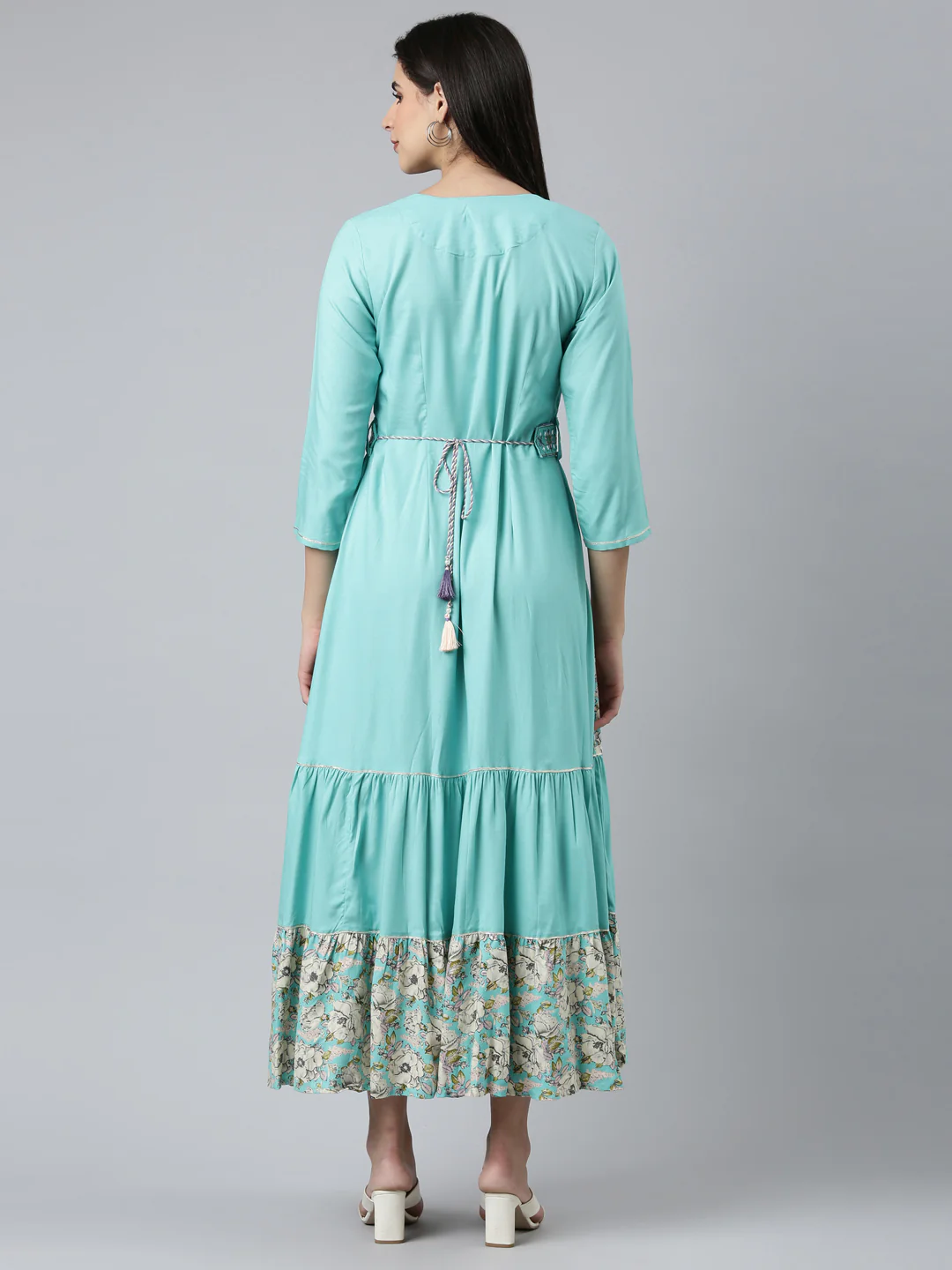 Neerus Sea Green Straight Casual Embroidered Dress - Image 3