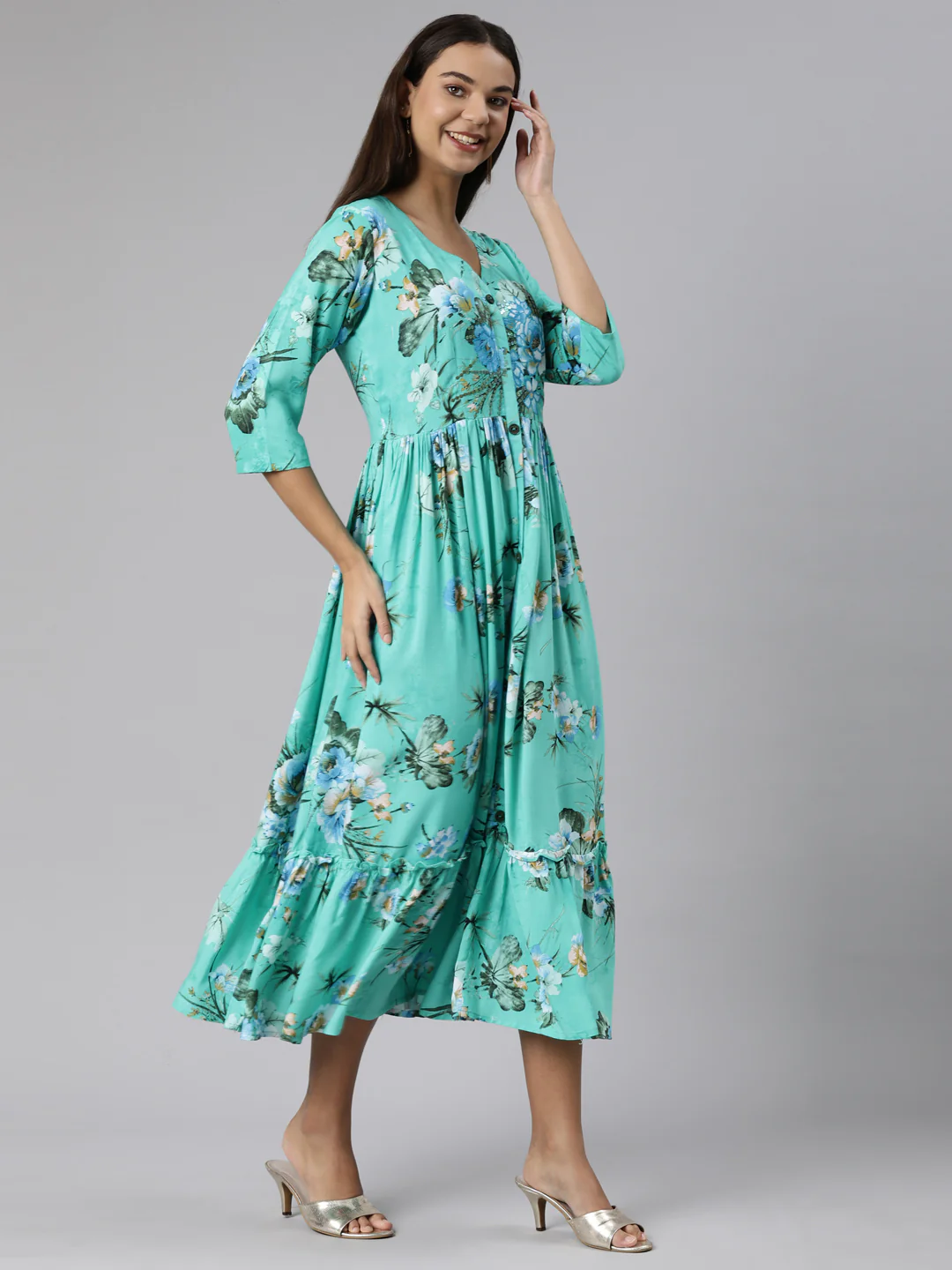 Neerus Sea Green Straight Casual Floral Dresses - Image 2