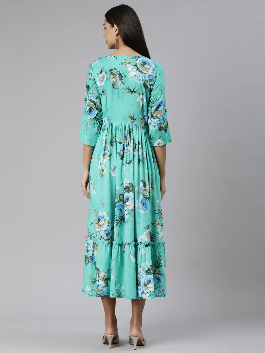 Neerus Sea Green Straight Casual Floral Dresses - Image 3