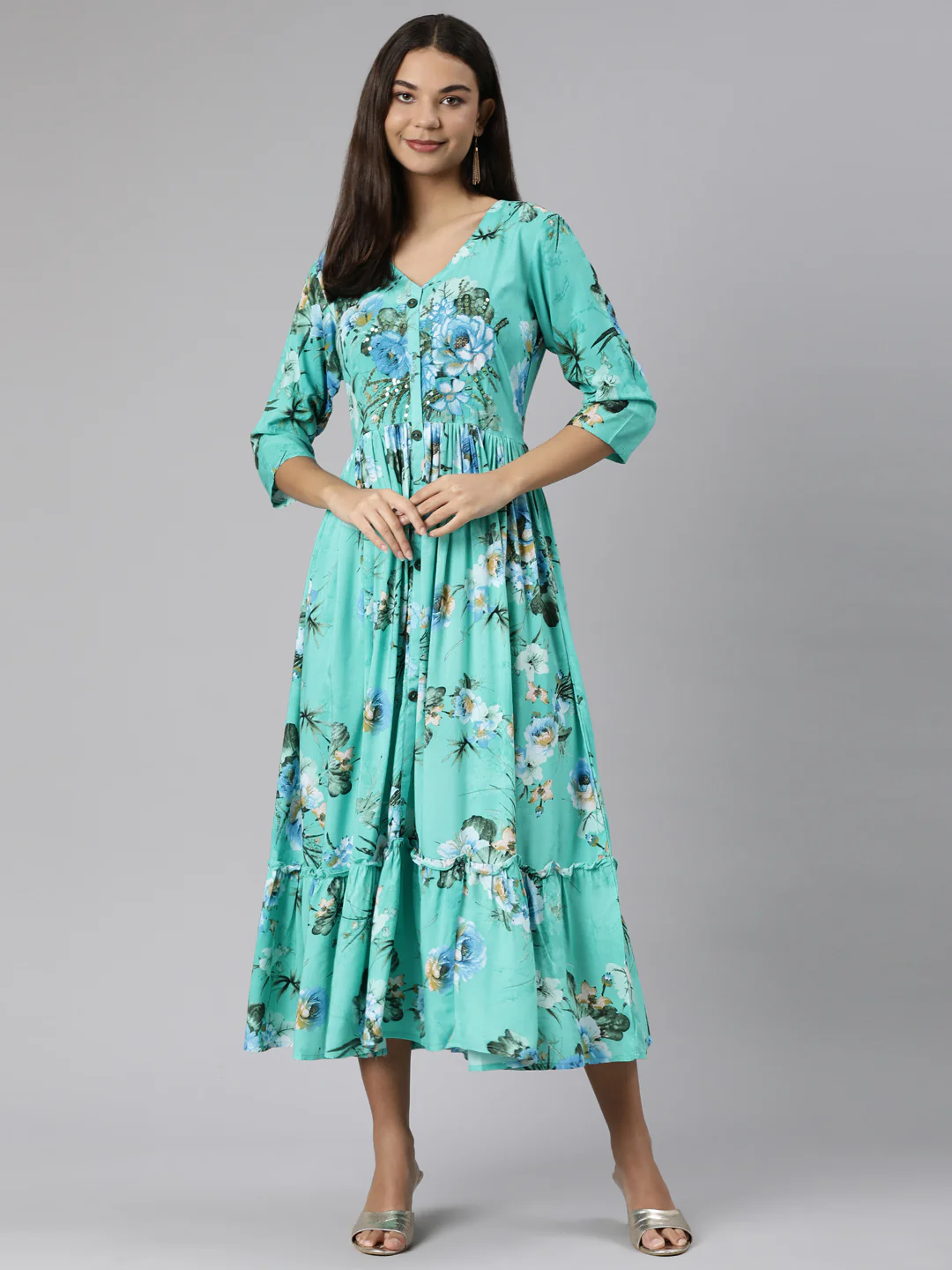 Neerus Sea Green Straight Casual Floral Dresses - Image 5