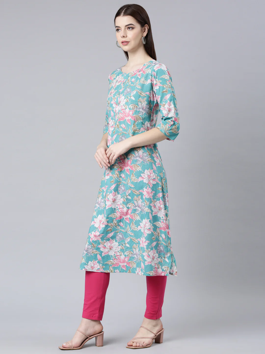 Neerus Sea Green Straight Casual Floral Straight Kurta - Image 2