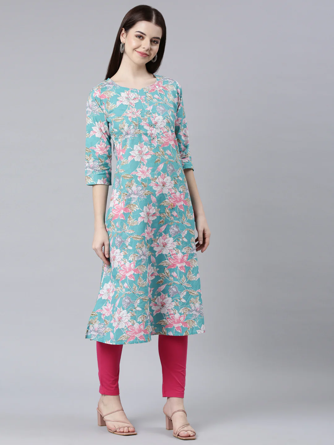 Neerus Sea Green Straight Casual Floral Straight Kurta - Image 3
