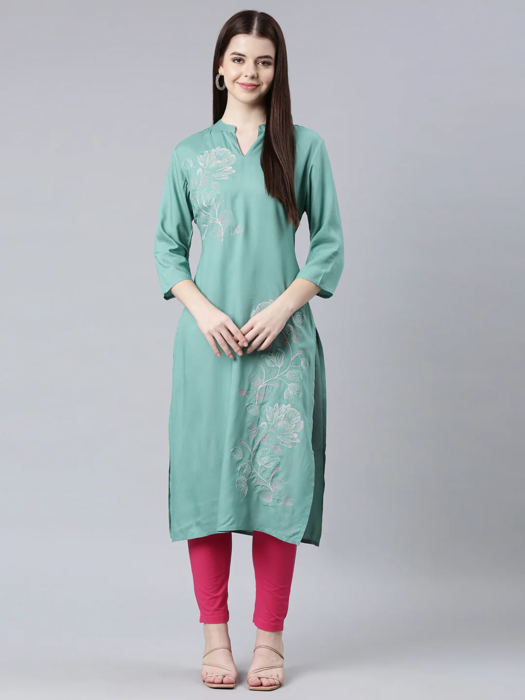 Neerus Sea Green Straight Casual Floral Straight Kurta - Image 7