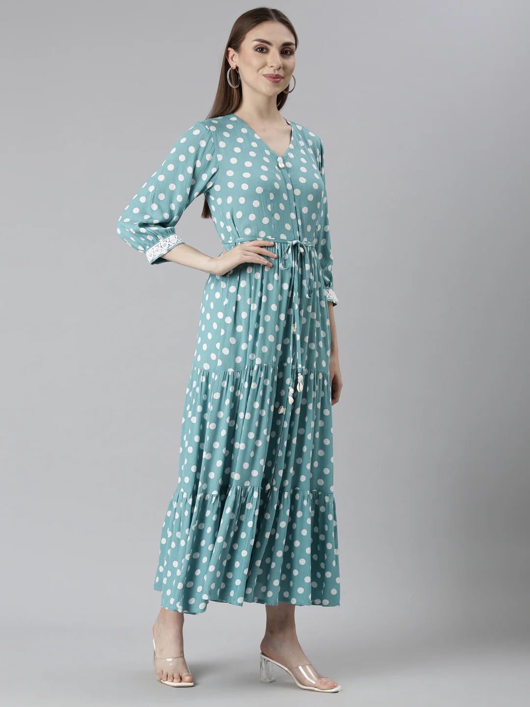 Neerus Sea Green Straight Casual Polka Dots Dresses - Image 2