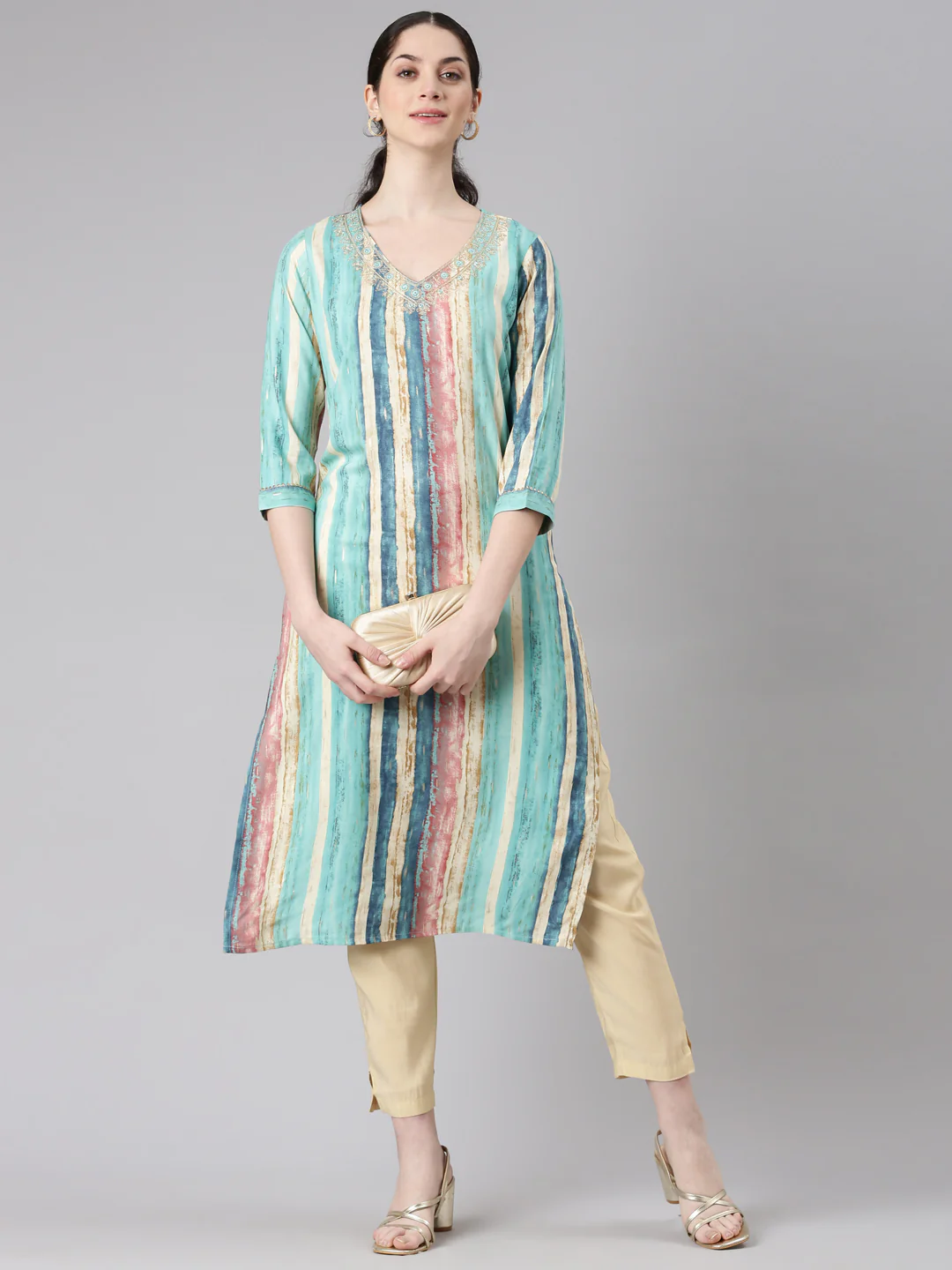 Neerus Sea Green Straight Casual Panelled Straight Kurta - Image 5