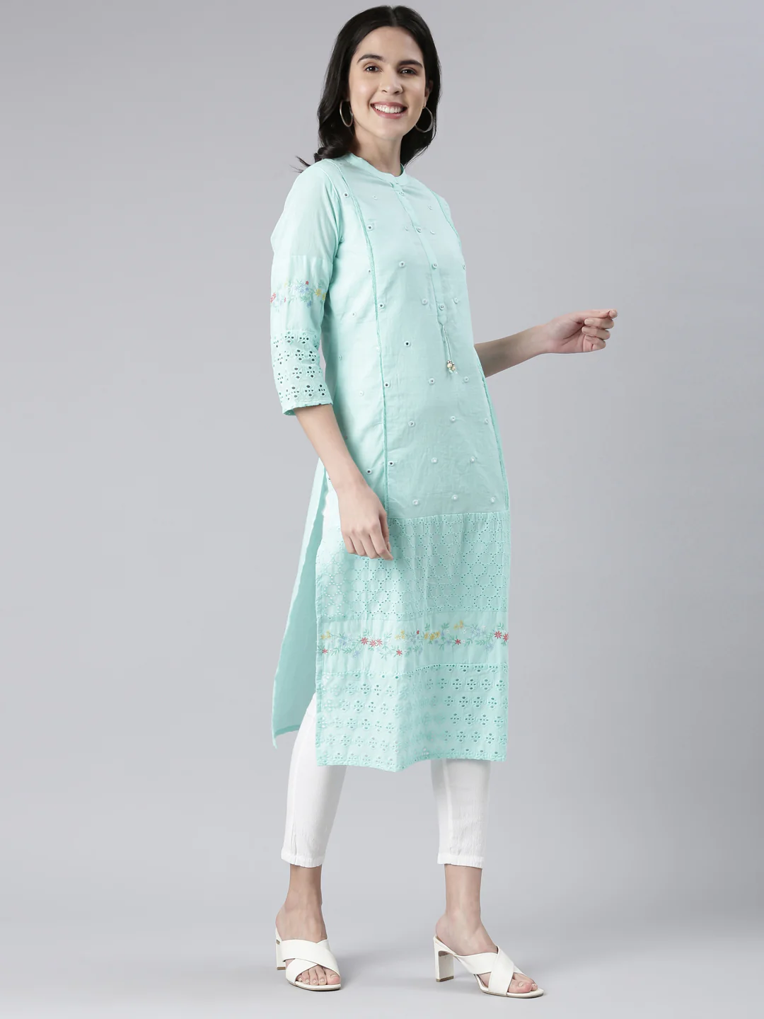 Neerus Sea Green Straight Solid Cotton Kurta - Image 2