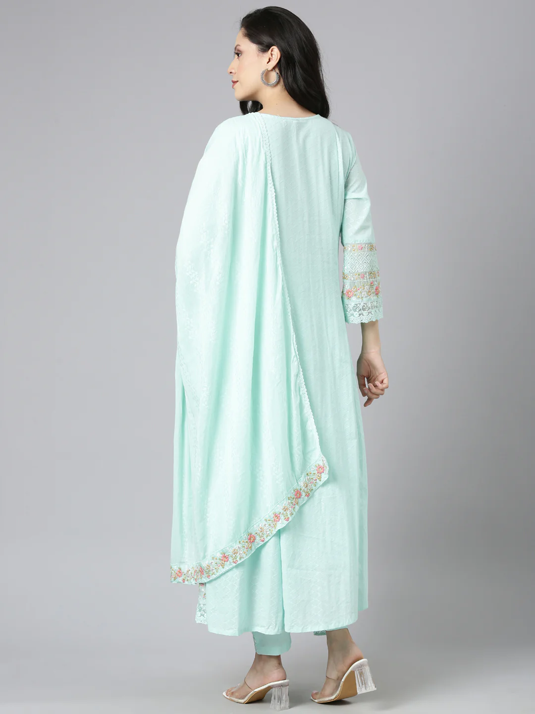 Neerus Sea Green Yoke Design Anarkali Kurta and Trousers With Dupatta - Image 3