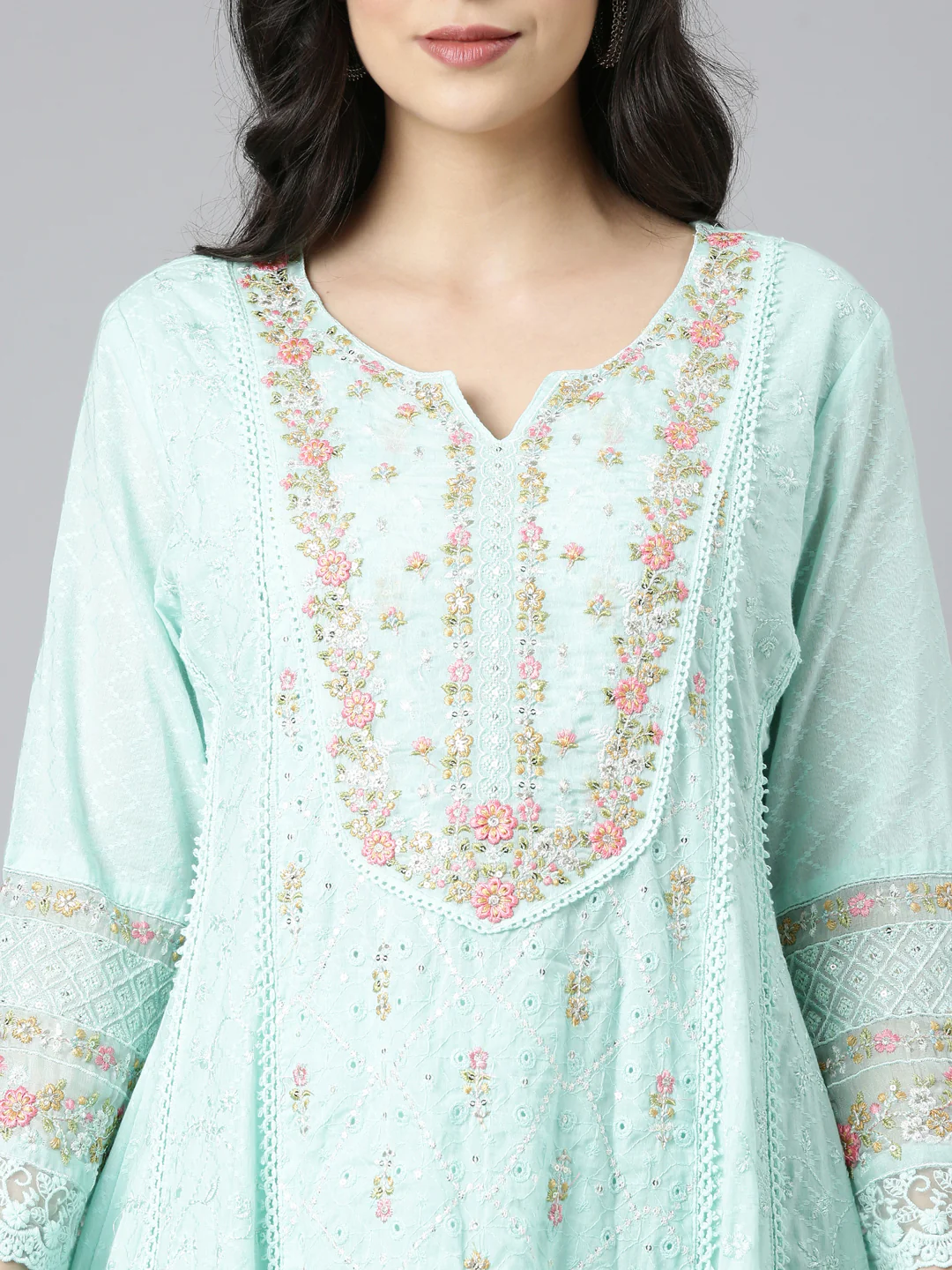 Neerus Sea Green Yoke Design Anarkali Kurta and Trousers With Dupatta - Image 4