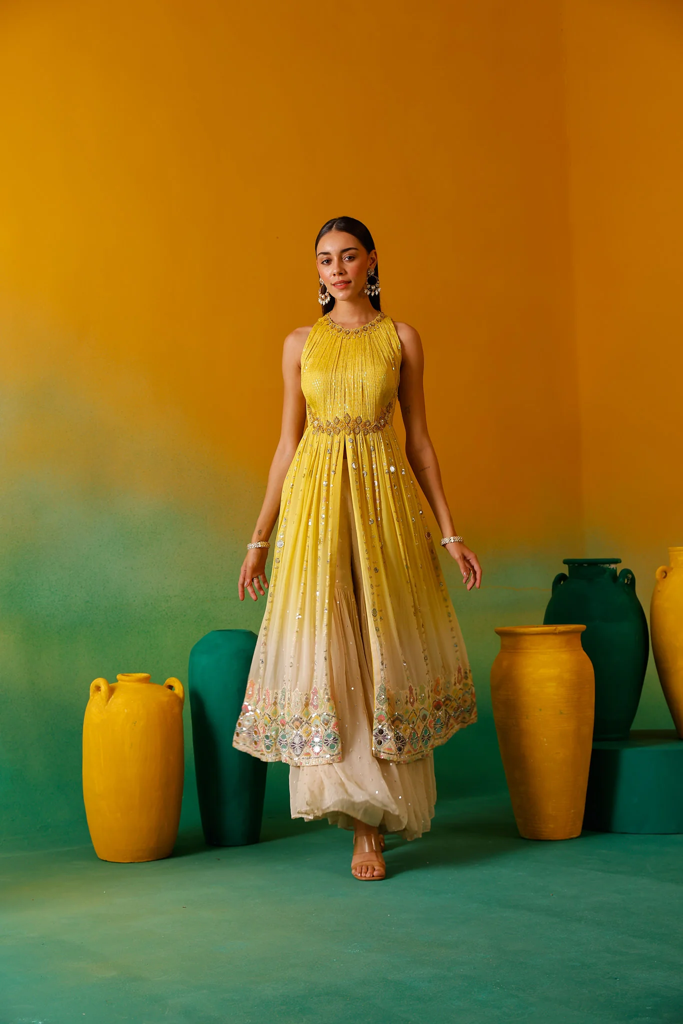 Neerus Yellow Sequence work Chinon Fabric Anarkali Set - Image 2