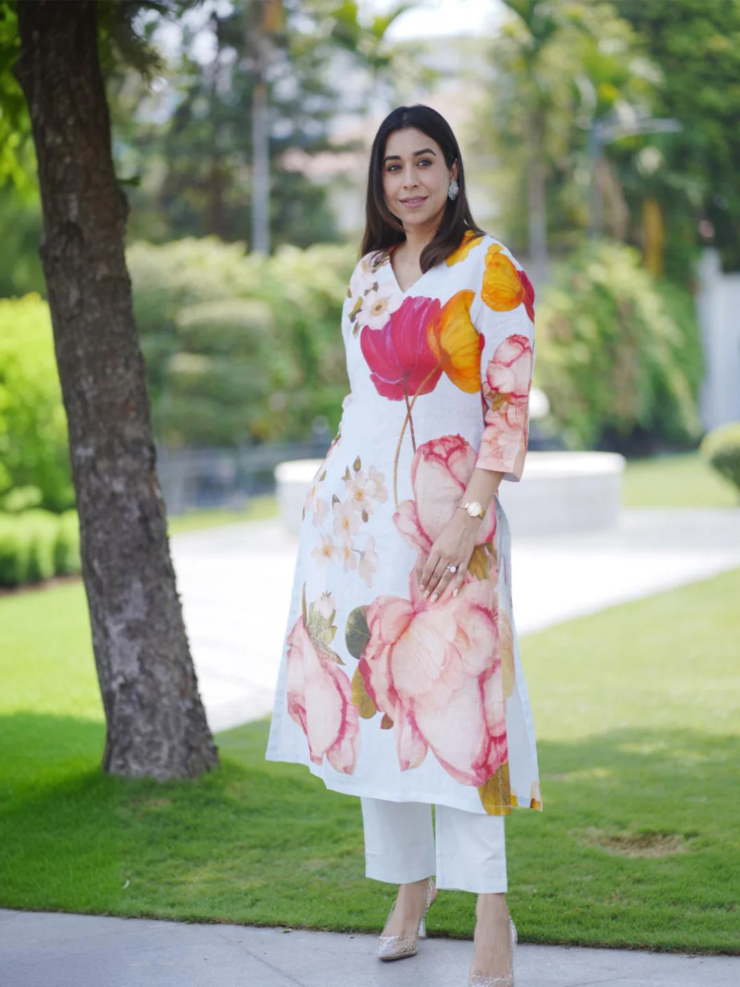 Neerus Sky Blue Casual Floral Printed Kurta and Trouser - Image 2