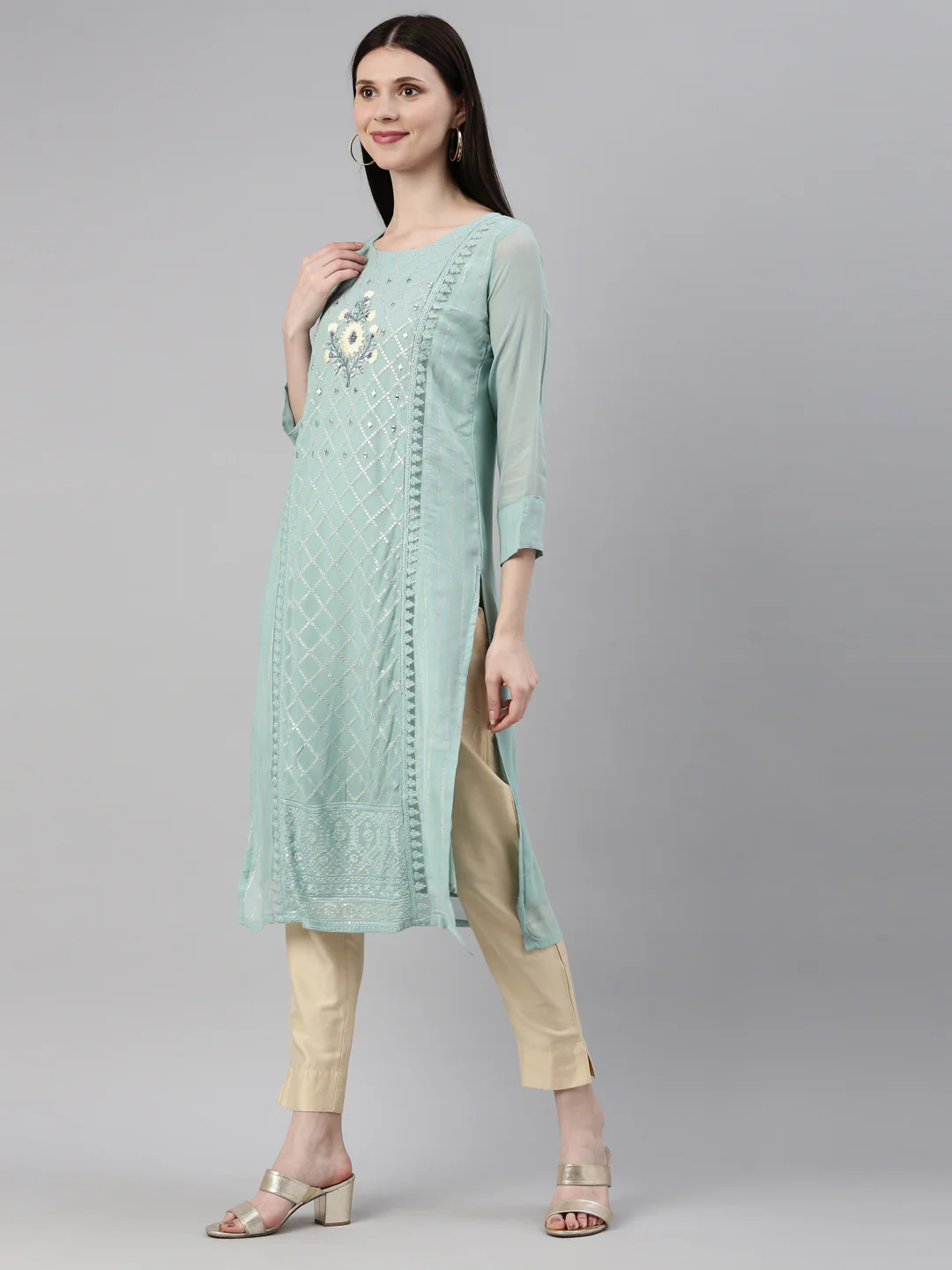 Neerus Sky Blue Color Georgette Fabric Kurta - Image 3