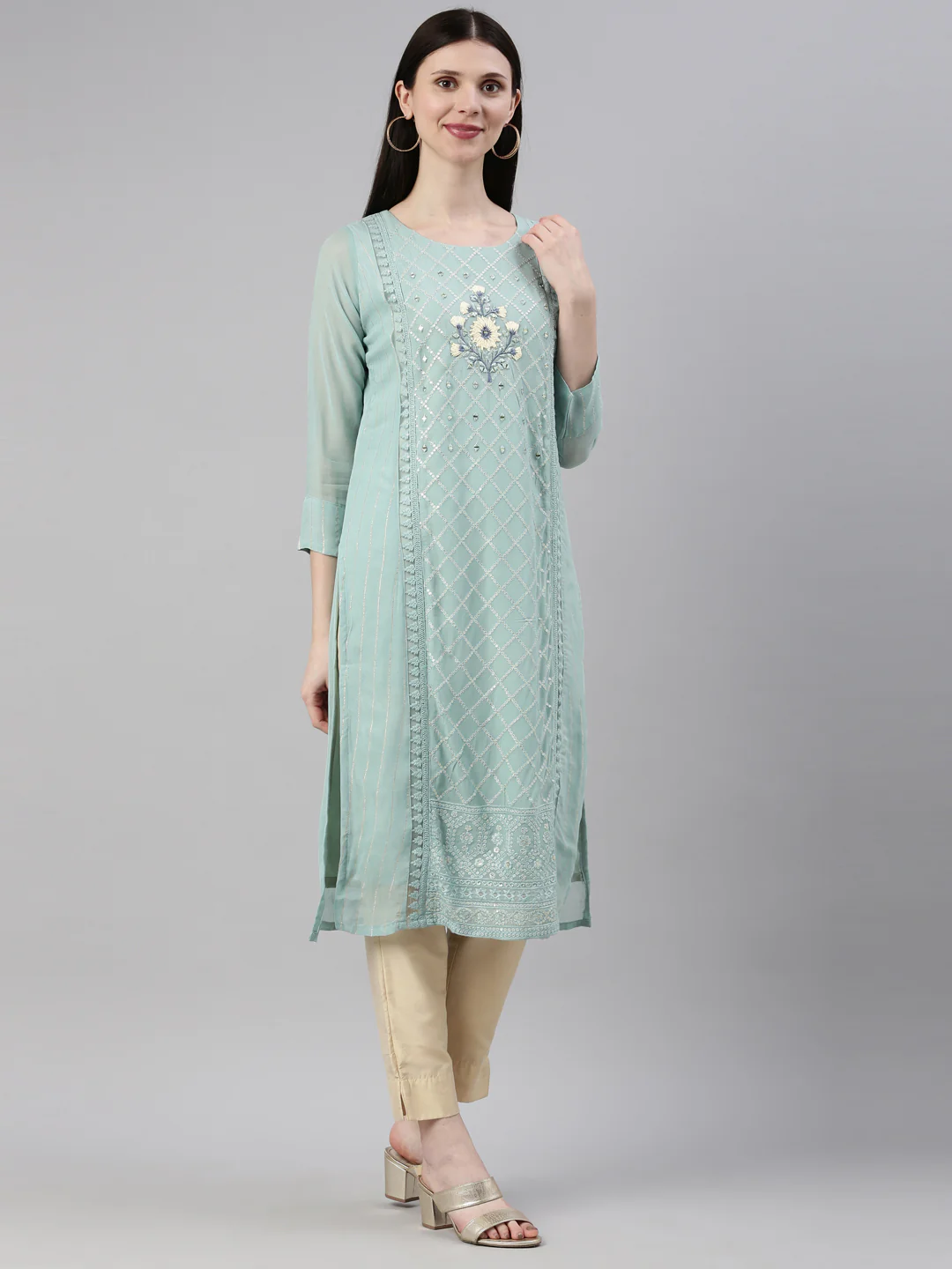 Neerus Sky Blue Color Georgette Fabric Kurta - Image 4