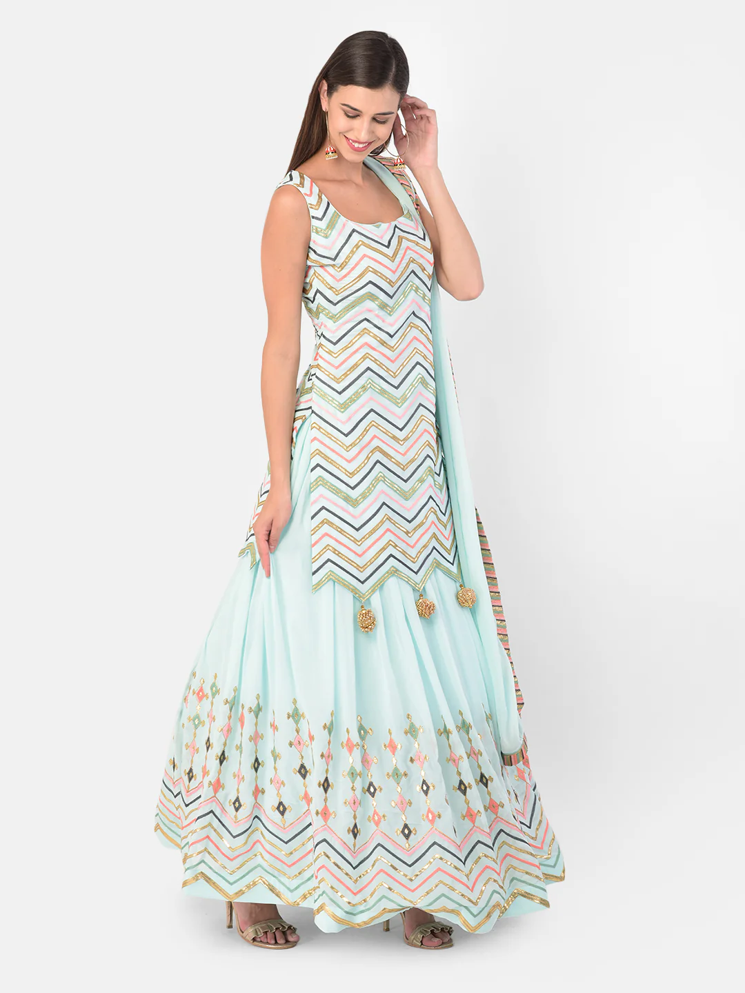 Neerus Sky Blue Color Georgette Fabric Suit-Skirts