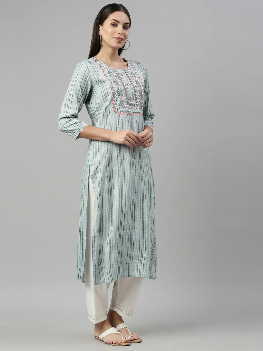 Neerus Sky Blue Color Slub Rayon Fabric Kurta - Image 3