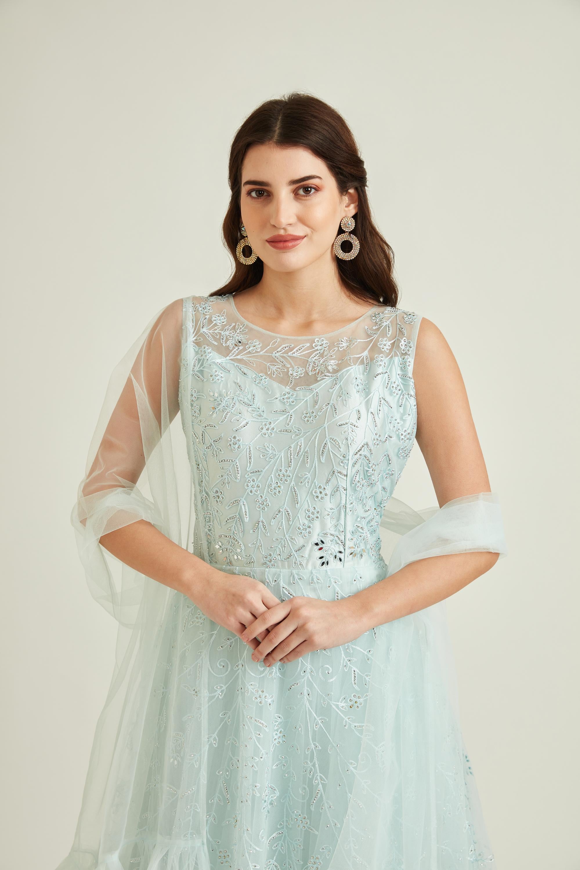 Neerus Sky Blue Colour Nett Fabric Gown - Image 3