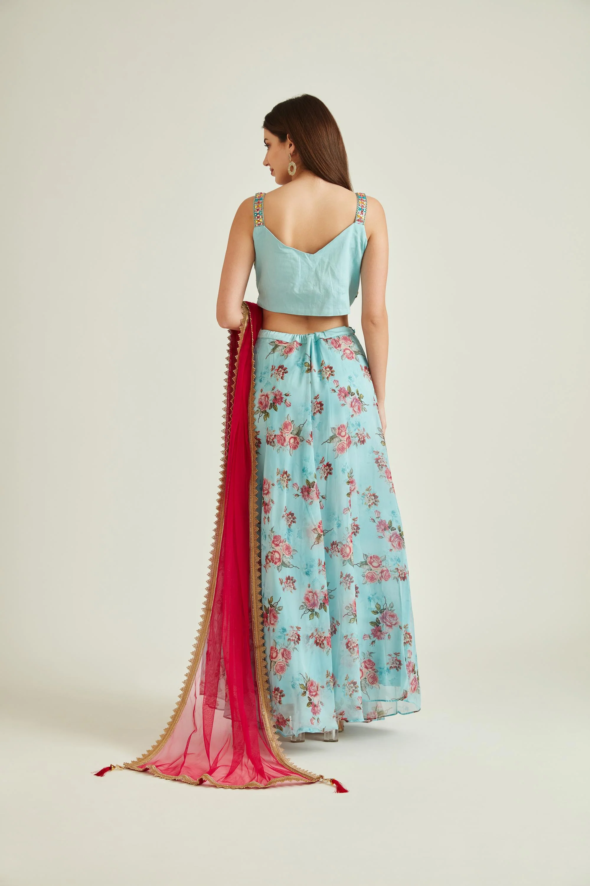 Neerus Sky Blue Colour Organza Fabric Ghagra Set - Image 2