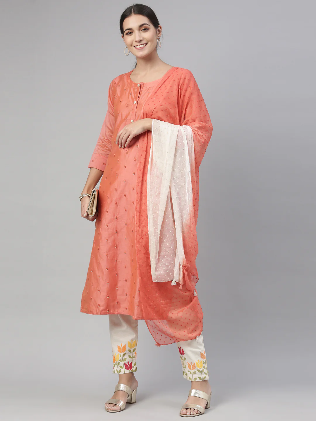 Neerus Tomato Color Chanderi Fabric Kurta Set - Image 5