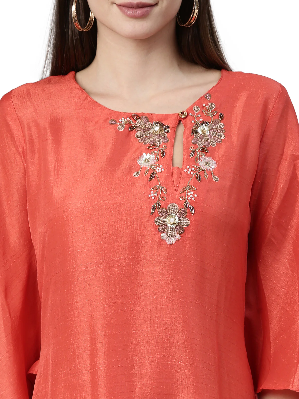 Neerus Tomato Color Silk Fabric Kurta - Image 2