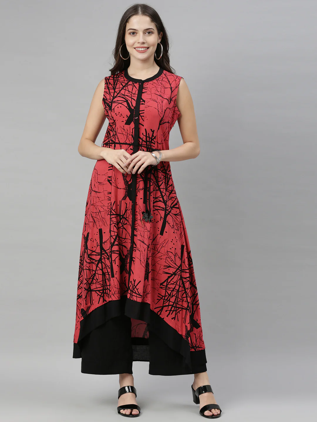 Neerus Tomato Color Slub Rayon Fabric Tunic