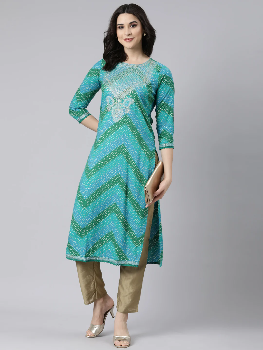 Neerus Turquoise Blue Panelled Straight Chevron Kurta - Image 5