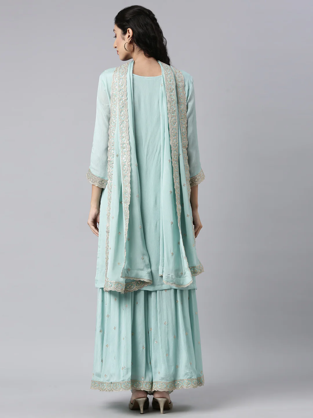 Neerus Turquoise Blue Panelled Straight Kurta and Palazzos With Dupatta - Image 3
