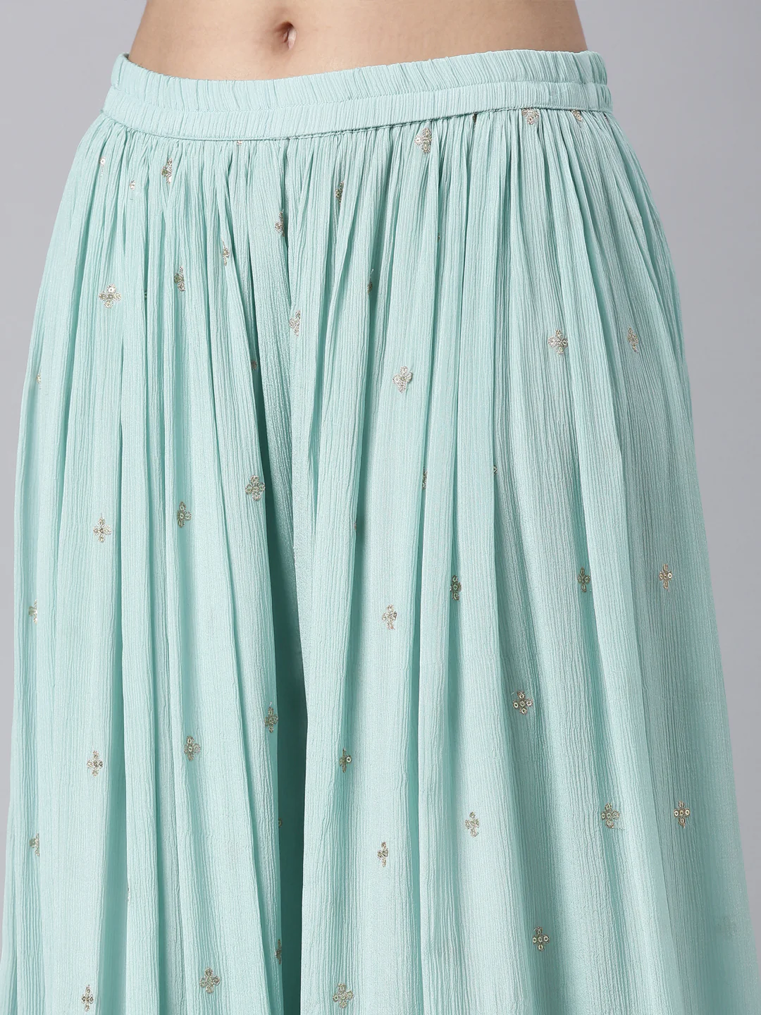 Neerus Turquoise Blue Panelled Straight Kurta and Palazzos With Dupatta - Image 6