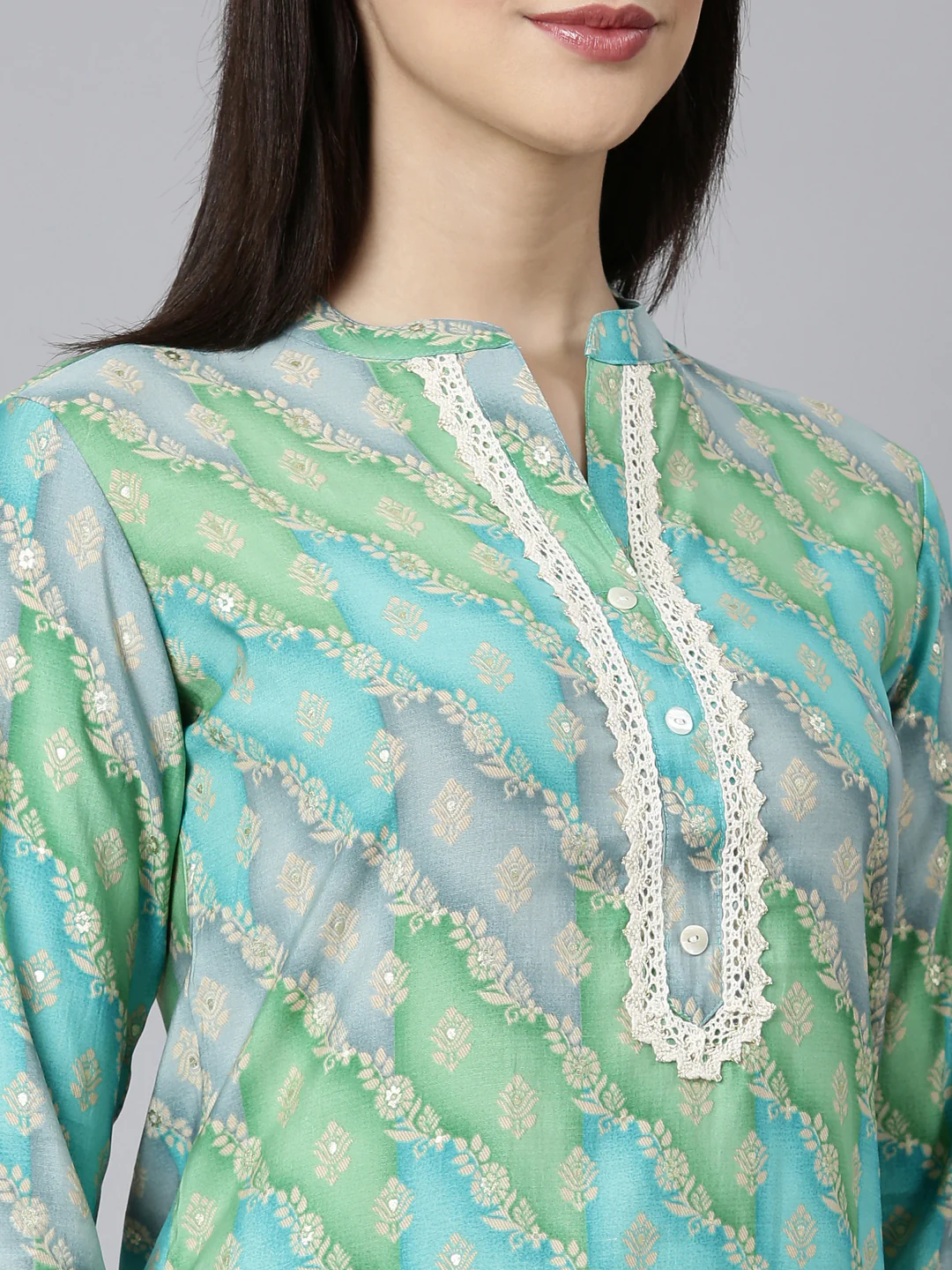 Neerus Turquoise Blue Regular Straight Floral Kurta And Trousers - Image 4