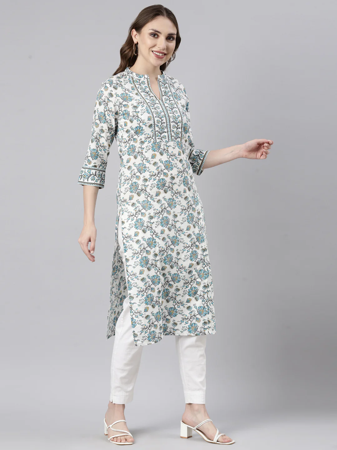 Neerus Turquoise Blue Regular Straight Floral Kurta - Image 2