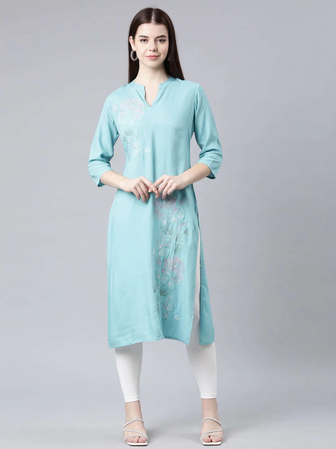 Neerus Turquoise Blue Straight Casual Floral Straight Kurta