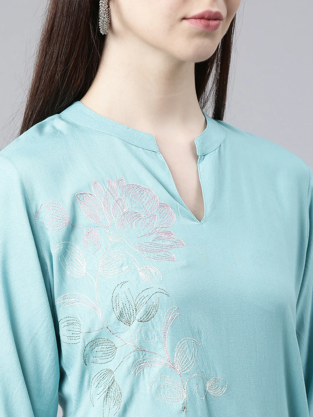 Neerus Turquoise Blue Straight Casual Floral Straight Kurta - Image 5