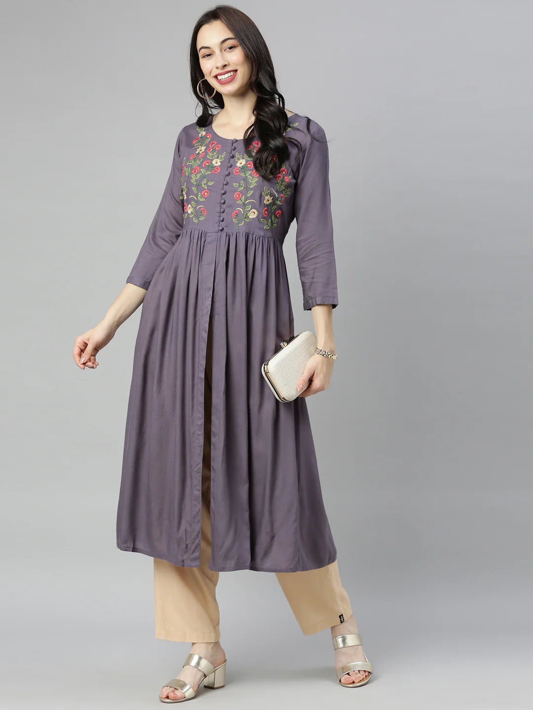 Neerus Violet Embroidered A Line Kurta - Image 7