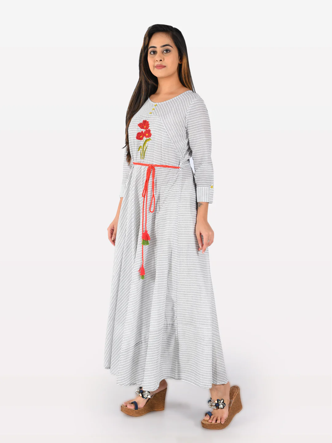 Neerus White & Black Striped Anarkali Kurta - Image 4