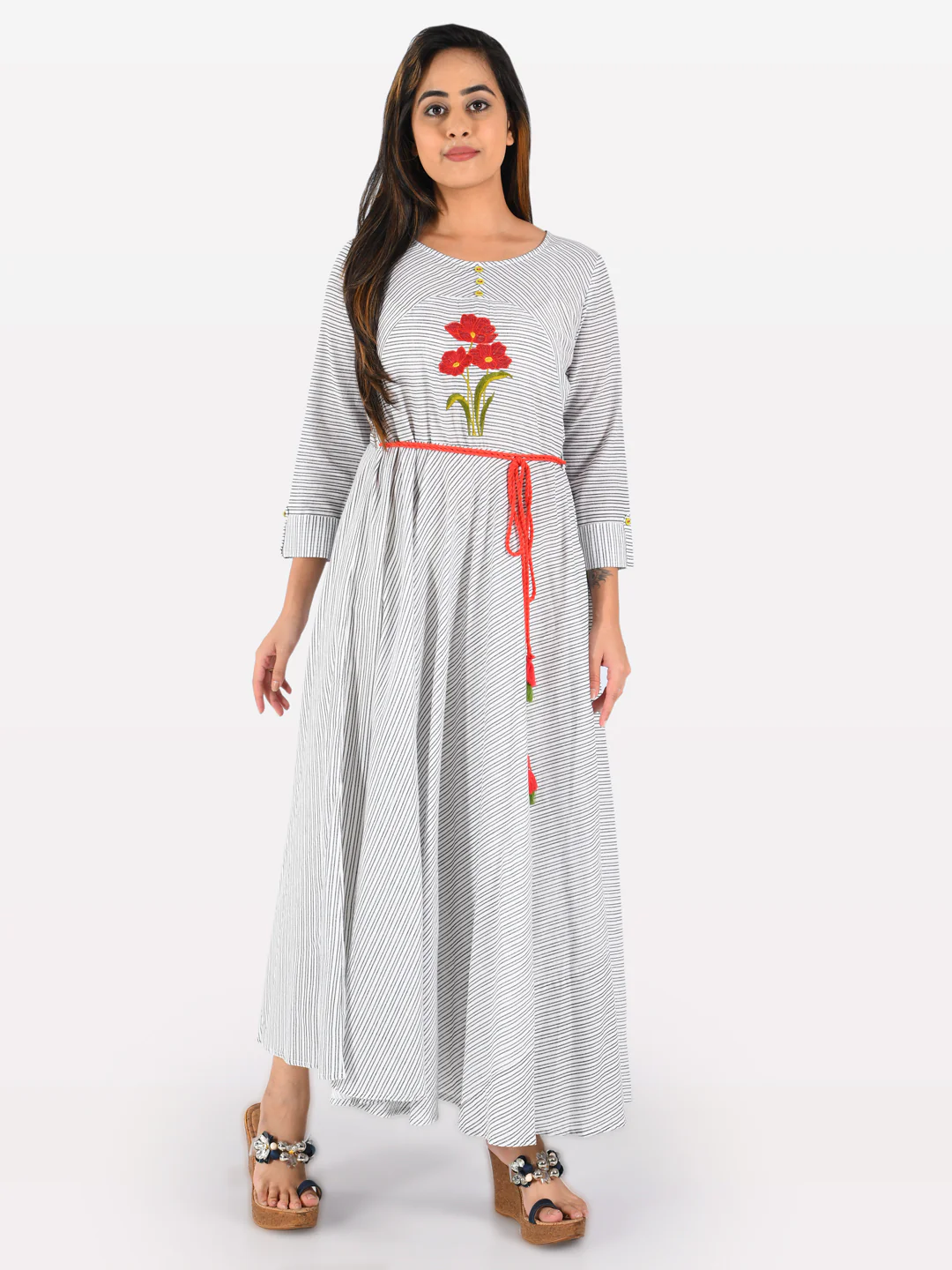 Neerus White & Black Striped Anarkali Kurta - Image 5