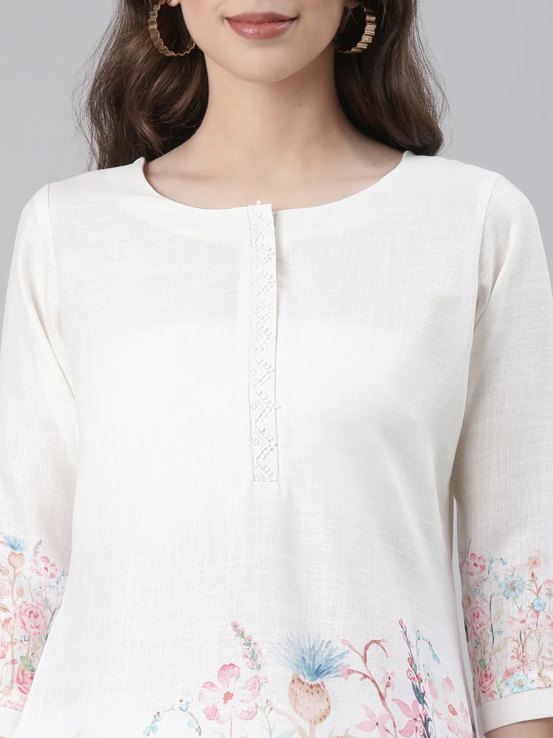 Neerus White Casual Printed Kurti with Trousers - Image 5