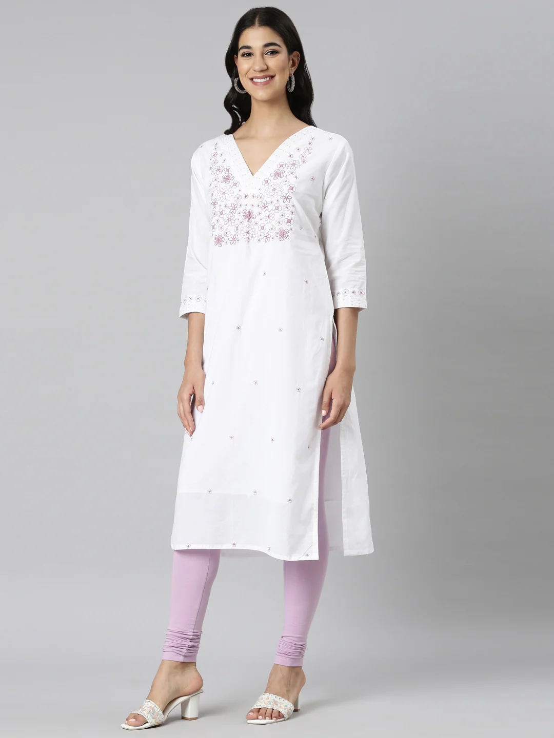 Neerus White Casual Solid Straight Kurta - Image 2