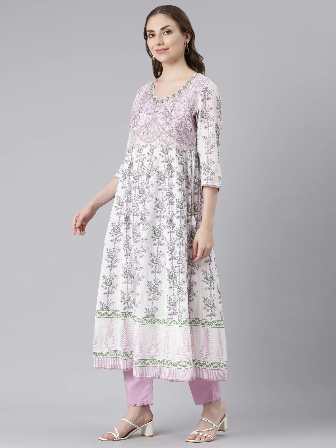 Neerus White Cotton Curved Casual Solid Kurta and Trouser with Dupatta - Image 2
