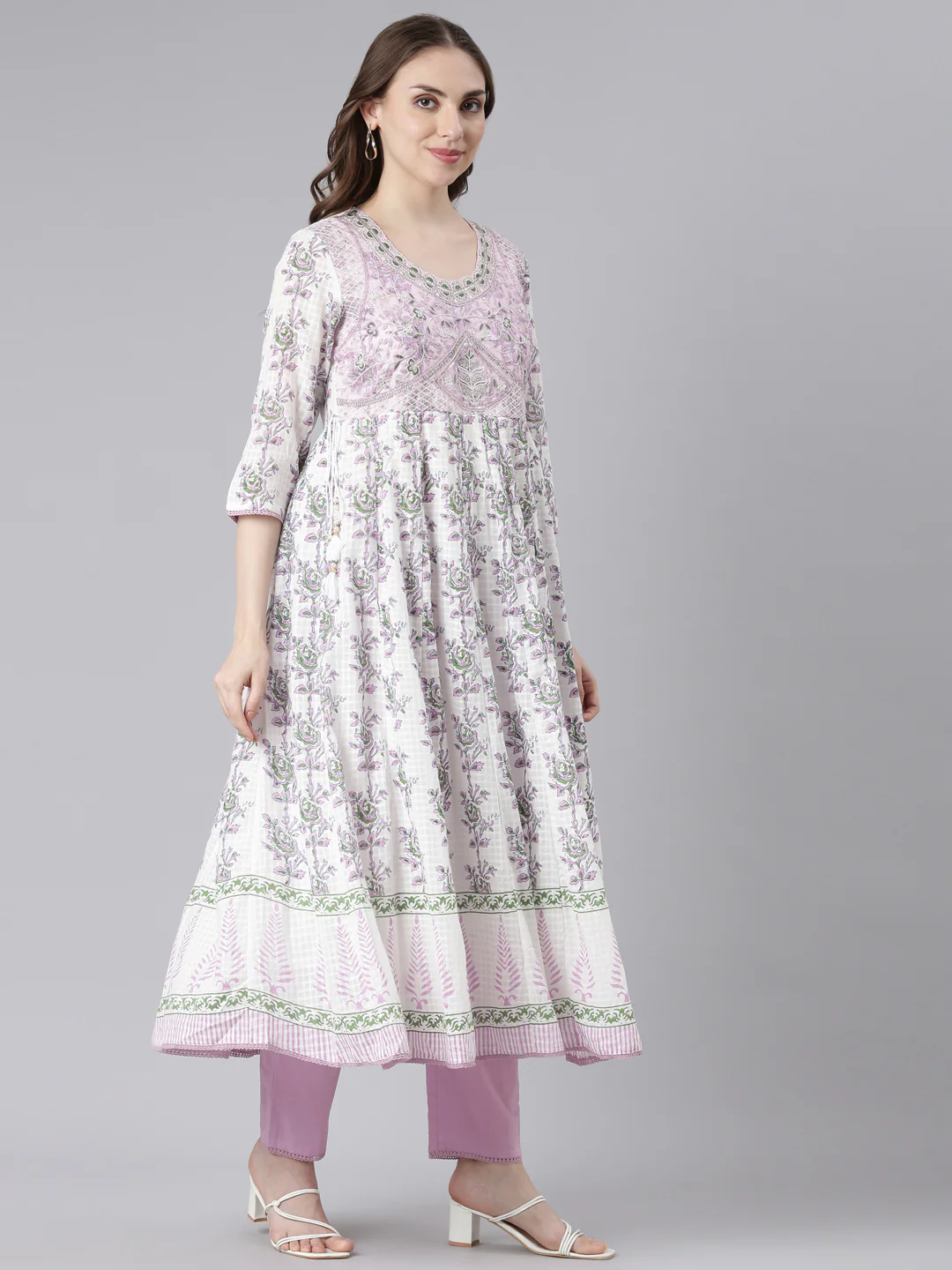 Neerus White Cotton Curved Casual Solid Kurta and Trouser with Dupatta - Image 3