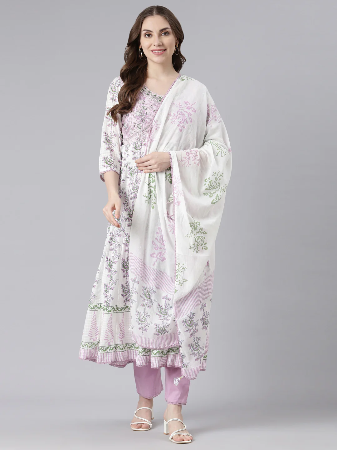 Neerus White Cotton Curved Casual Solid Kurta and Trouser with Dupatta - Image 6