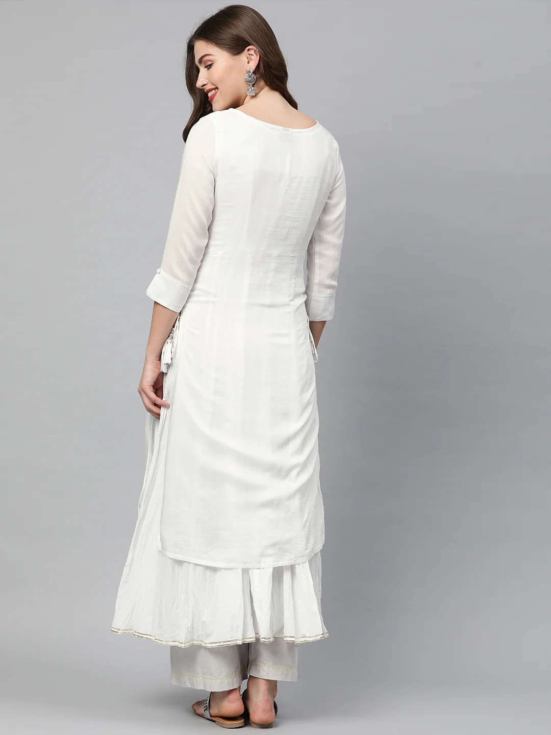 Neerus White Embroidered Double Layered Kurta - Image 4